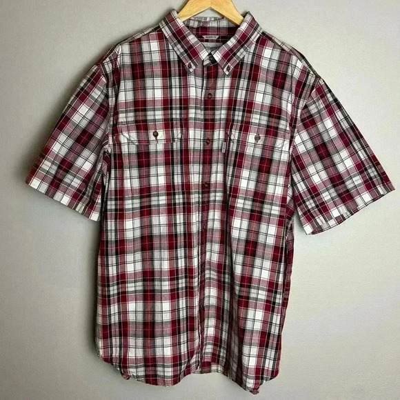 Carhartt Cotton Shirt Red Black Plaid Short Sleeve XL Button Down Relaxed Fit - Picture 1 of 9